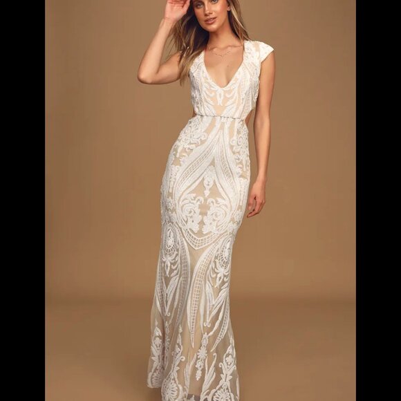 Lulus Always Adored White And Nude Sequin Mermaid Maxi Dress - Size L - Picture 3 of 6